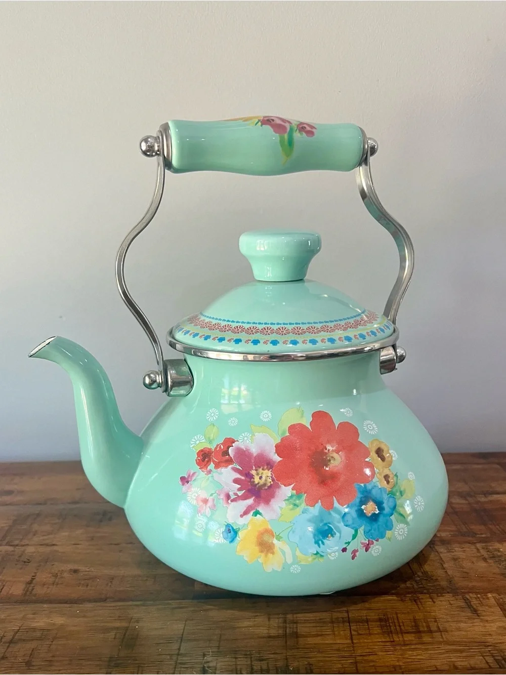 The Pioneer Woman Mint Floral Enamel Teapot with Colorful Bouquet